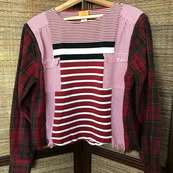 Upcycled Mixed Print Oversized Shirt, M-L: Red Gingham & Plaid Flannel Sleeves - Picture 9 of 14